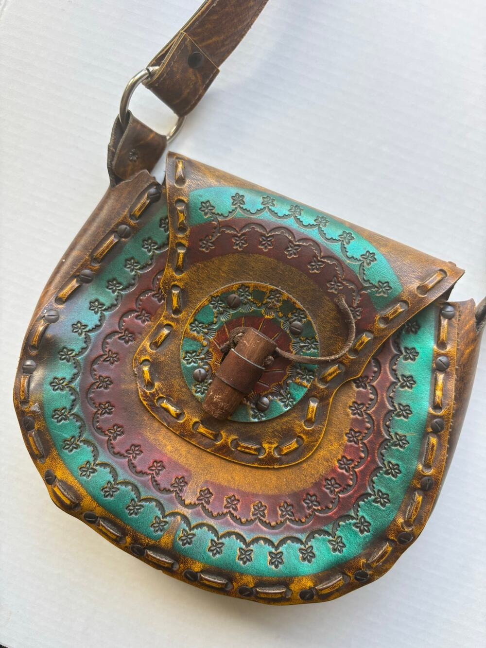 Vintage Hand Tooled Leather Saddle Bag Floral Western Crossbody Shoulder Purse